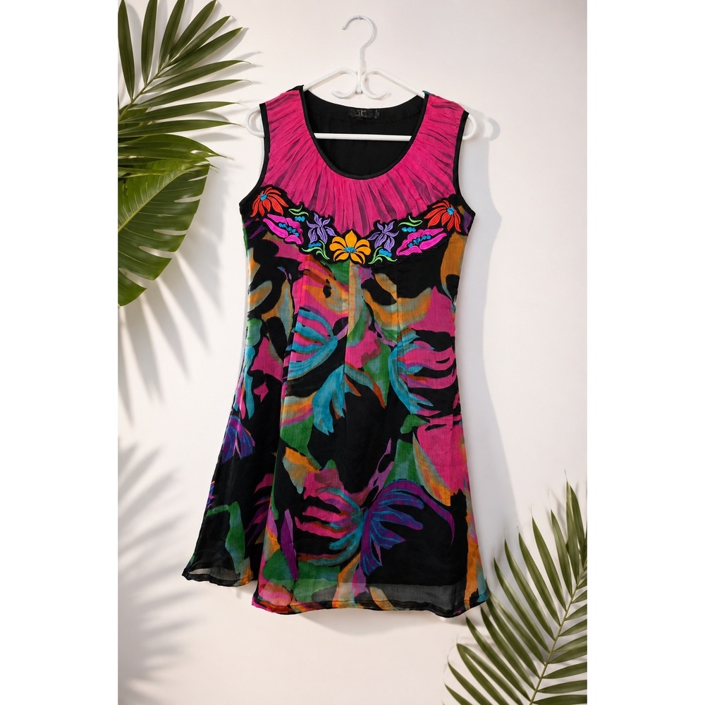 2K Tropical Mesh Dress Embroidered Floral Resort Cruise Coverup L Art To Wear